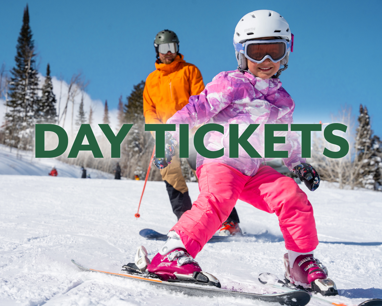 Day Tickets button, parent and child skiing at Powderhorn Mountain Resort